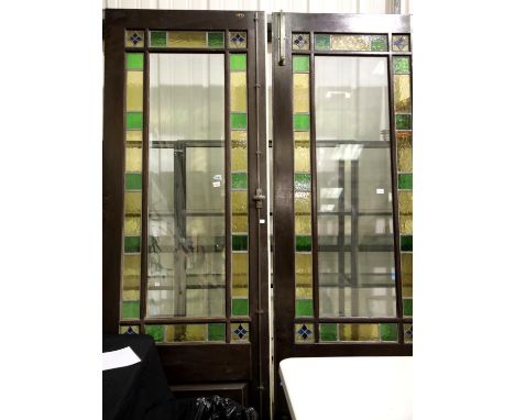 Pair of impressive 19thC mahogany doors featuring stained glass panels and original bronze locks and bolts, H: 252, W: (each)