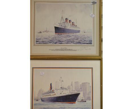 Cunard Queen Elizabeth II framed print and Queen Mary framed print both signed by the artist JE Wigston in pencil, 36 x 27 cm