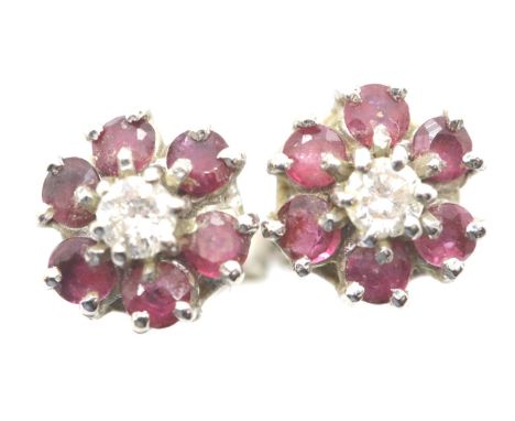 18ct white gold ruby and diamond set cluster earrings, D: 5mm 3.1g. P&amp;P Group 1 (£14+VAT for the first lot and £1+VAT for