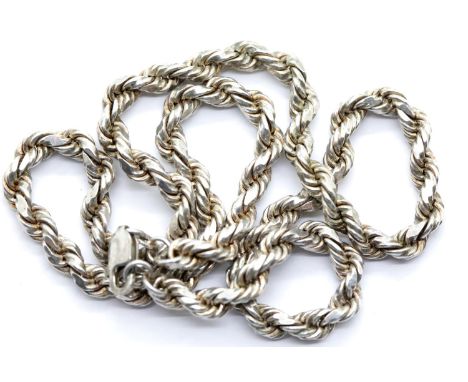 Silver rope neck chain, L: 42 cm, 38g. P&amp;P Group 1 (£14+VAT for the first lot and £1+VAT for subsequent lots) 