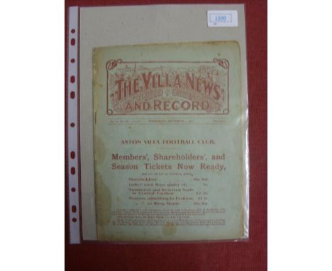 1908/1910 Aston Villa v Woolwich Arsenal, a programme from the game played on 01/09/1909, not ex bound volume, marked covers,