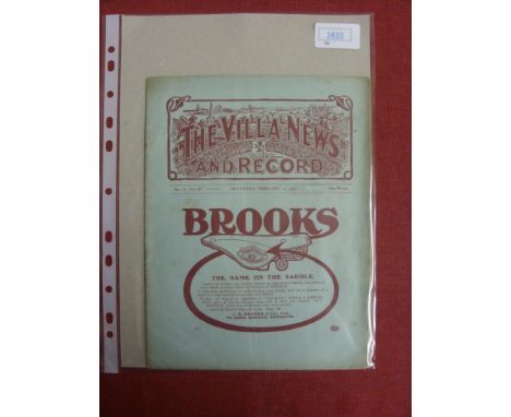 1908/1909 Aston Villa v Everton, a programme from the game played on 27/02/1909, not ex bound volume, slight rusty staples, c