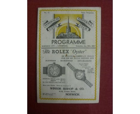 1936/37 Norwich City v Liverpool, a programme from the FA Cup tie player on 16/01/1937, slight tear on back page, otherwise i