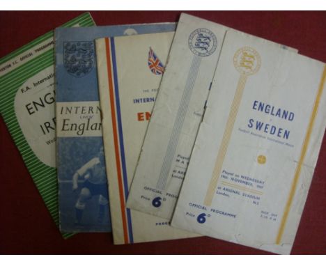 England, a collection of 6 home football programmes in various condition, 1947 Sweden (at Arsenal) torn, 1947 France (at Arse