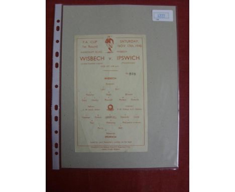 1945/46 Wisbech Town v Ipswich, a rare programme for the FA Cup tie played on 17/11/1945