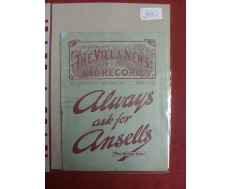 1932/33 Aston Villa v Bradford City, a programme from the FA Cup tie, played on 18/1/1933, rust marks and repairs to covers