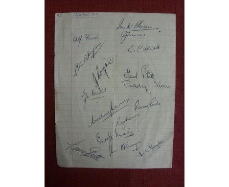 1947 Arsenal, Autographs, a page of an excersise book with 16 original signtaures in ink of team, a nice item