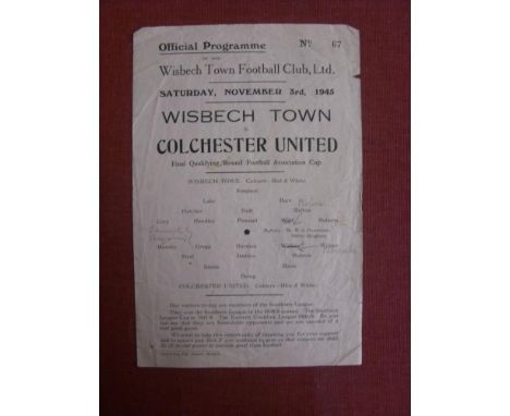 1945/46 Wisbech Town v Colchester Utd, a rare programme from the FA Cup tie played on 03/11/1945, salmon issue