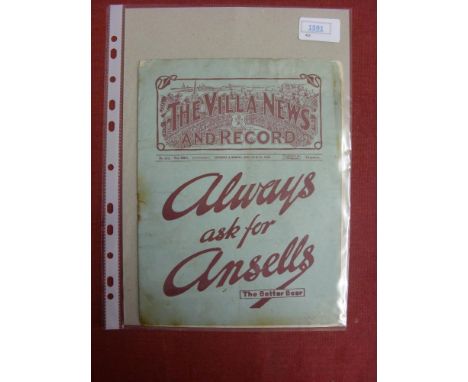 1931/1932 Aston Villa v Arsenal, a programme from the re-arranged game played on 25/04/1932, not ex bound volume, rust marks 