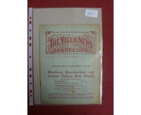 1909/1910 Aston Villa v Nottingham Forest, a programme from the game played on 25/09/1909, not ex bound volume, complete with