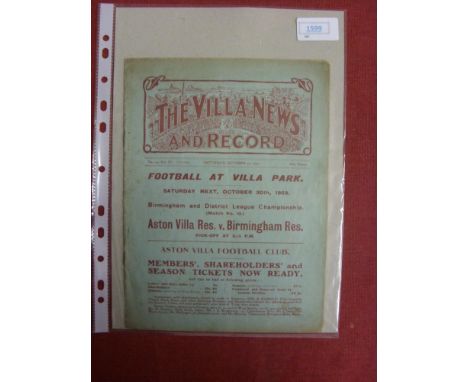 1909/1910 Aston Villa v Bradford City, a programme from the game played on 23/10/1909, not ex bound volume, complete with our