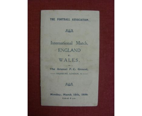 1920 England v Wales, an itinerary/programme of arrangements, from the game played at Arsenal on 15/03/1920, The Football Ass