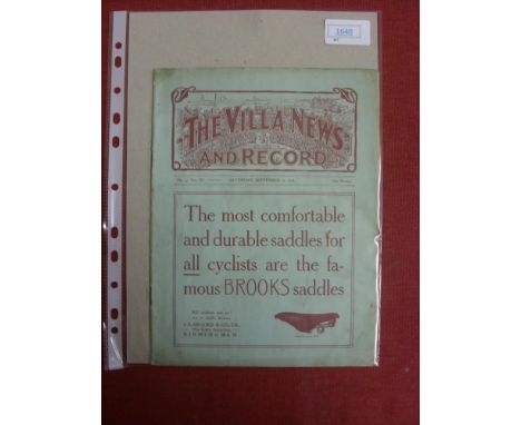 1908/1909 Aston Villa v Sunderland, a programme from the game played on 19/09/1908, not ex bound volume, complete with our Po