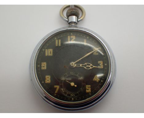 Black dial with luminous Arabic figures chrome open face crown wind military pocket watch CONDITION REPORT: This item is work