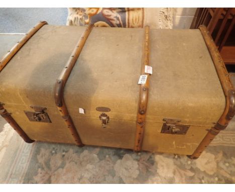 Large antique wood bound luggage trunk with inner lift out shelf 