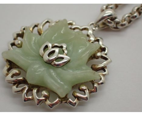 Sterling silver jade lotus flower pendant on sterling silver solid belcher chain fully hallmarked to chain pendant stamped 92