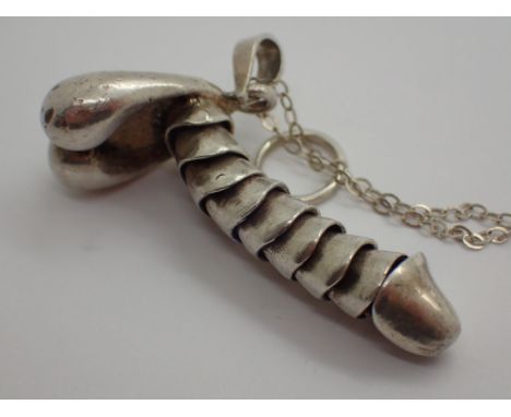 925 silver novelty penis pendant on a hallmarked silver chain with mechanical action