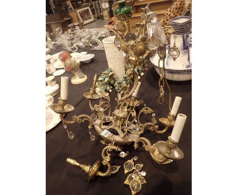 Six branch brass ceiling light with crystal drops