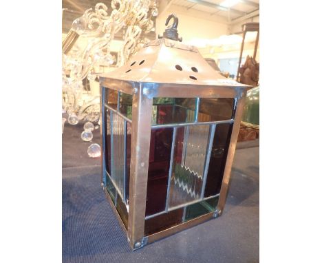 Copper hanging lamp shade with stained glass panels H: 25 cm