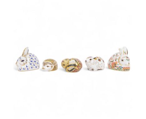 Five Royal Crown Derby paperweights, comprising Ivy hedgehog, Bank Vole, Door Mouse, Meadow Rabbit and Rabbit, all with gold 