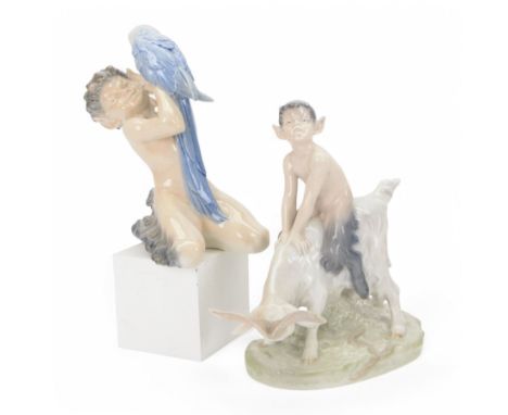Royal Copenhagen Faun riding a goat no 737, together with Fawn and Parrot no. 752