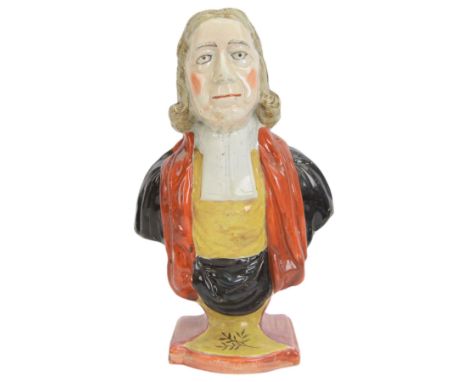  19th century Staffordshire bust of John Wesley, upon on a waisted rectangular section  base, H29cm