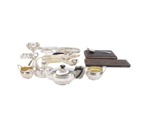 Collection of silver plate, including three piece bachelor's tea service by Pearce & Sons Leeds, chamberstick with snuffer, m