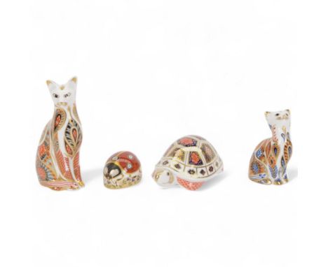 Four Royal Crown Derby Paperweights, comprising Siamese Cat, Siamese Kitten, Ladybird and Tortoise all with gold stoppers