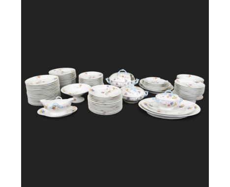 Large dinner service, decorated with violets upon a white ground, including two covered dishes, two serving platters, saucer 