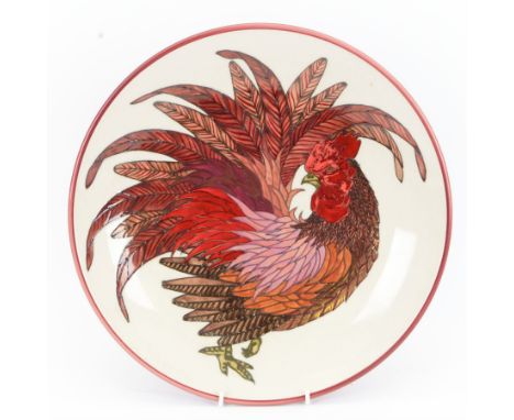 Dennis China Works charger, designed by Sally Tuffin, dated 2005, decorated with a red lustre cockerel on a white ground, D37