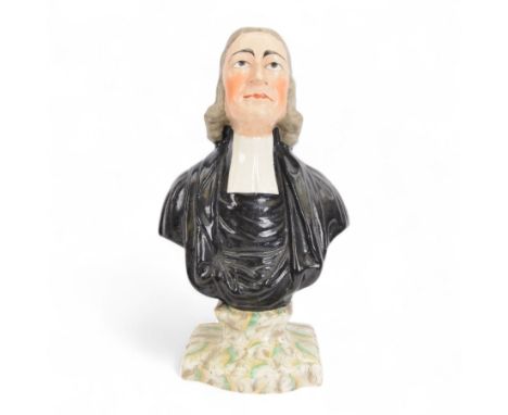  19th century Staffordshire bust of John Wesley, upon painted faux marble base, H28cm