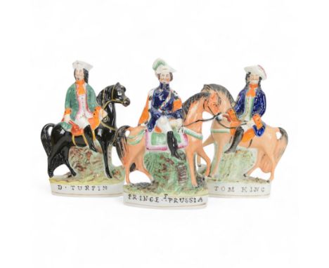 Three 19th century Staffordshire flatback figures on horseback, comprising D. Turpin, Tom King and Prince of Prussia, H27cm