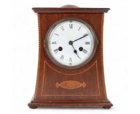 Philipp Hass & Son-German 8-day Art deco mahogany mantle clock, in a waisted case with inlay to the edge and front and a shap