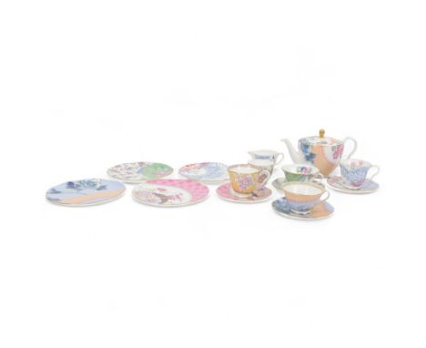 Wedgwood Butterfly Bloom  pattern tea service, comprising Teapot, milk jug and open sucrier, four cups and saucers and four p