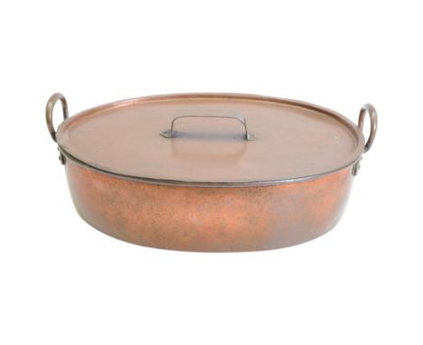 19th century copper twin handled oval fish kettle and cover, H24cm, L64cm 