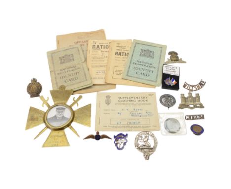 WWI silver and enamel 'Entente' flag pin badge, brass photograph frame in the form of a French Croix de Guerre engraved 'Souv