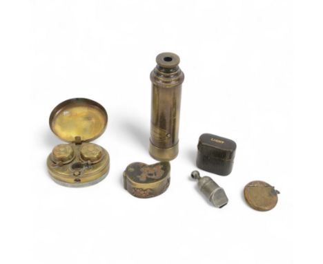 Football Association brass vesta case, together with a whistle, brass snuff box, portable inkwells etc