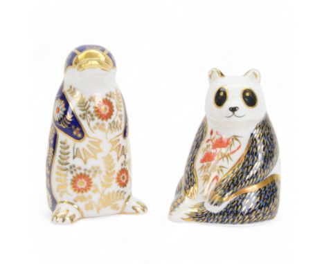 Two Royal Crown Derby paperweights, comprising Platypus and Panda, both with gold stoppers