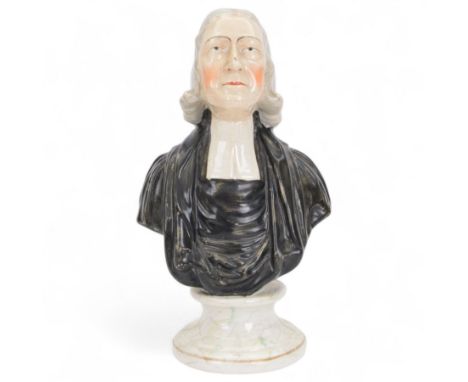  19th century Staffordshire bust of John Wesley, upon painted faux marble circular base, H29cm