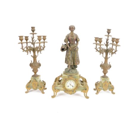 French-Edwardian green onyx clock garniture with a shaped case surmounted by a cast patinated figure of  a maiden in 18th cen