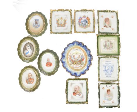 19th century Staffordshire wall plaques, mainly commemorative, including examples of Queen Alexandrea, Queen Victoria Dimond 