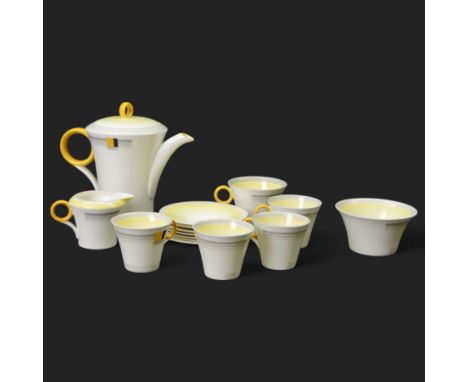 Shelley Art Deco coffee service comprising coffee pot, milk jug, open sucrier, large cup and saucers, four cups and six sauce