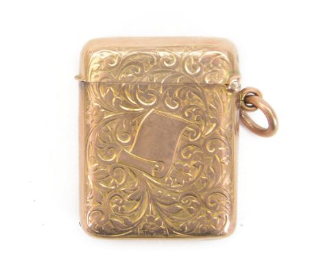 Edwardian 9ct rose gold vesta case, with bright cut foliate and vacant scroll cartouche decoration by Payton, Pepper & Sons L