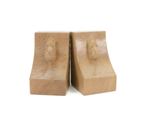 Mouseman - pair of tooled oak bookends, curved form and carved mouse signature, by the workshop of Robert Thompson, H15cm
