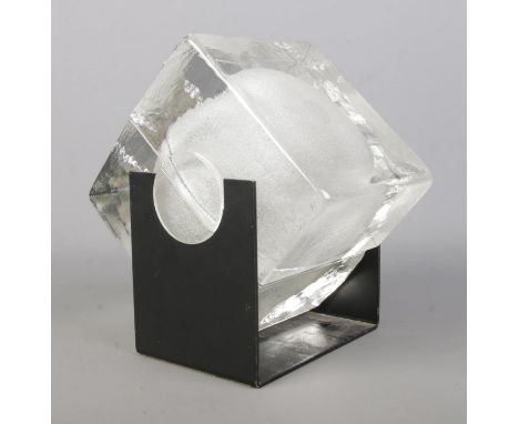 In the style of Alessandro Mendini, a glass 'Cubosfera' lamp on metal stand. 15.5cm x 15cm x 15cm.  Bad chip to one corner of