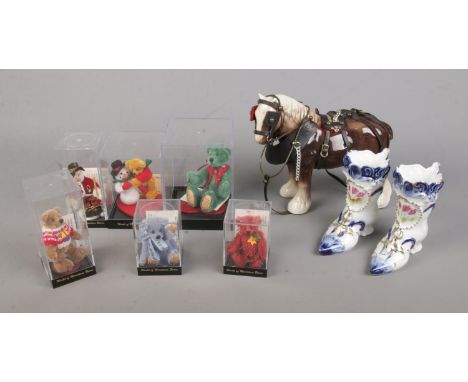 A collection of World of Miniature Bears Small Bears for Big World displays along with ceramic draft horse and pair of cerami