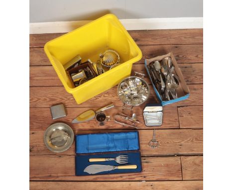 A box of assorted silver plate to include WMF, Viners, cigarette cases, scissors, napkin rings, etc.  