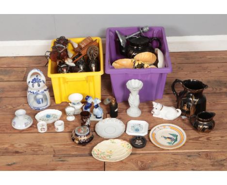 Two boxes of miscellaneous ceramics to include Wedgwood, Quimper, collection of shire horses, Coalport, etc.  
