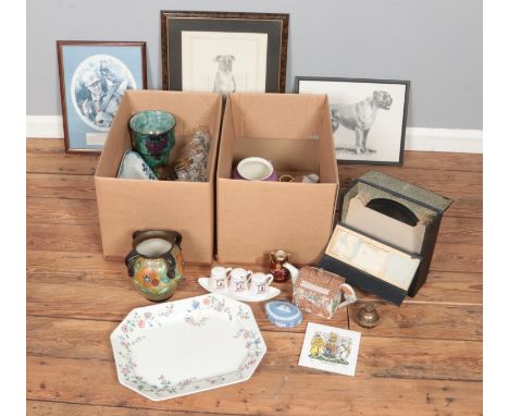 Two boxes of miscellaneous. Includes Laura Ashley Chinese Silk platter, Gouda Gerla vase, framed prints, Carlton Ware, Wedgwo