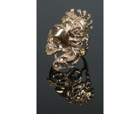 A 9ct gold art nouveau style ring formed as the profile of maiden wearing crown set with diamond. Size P, 7g.  